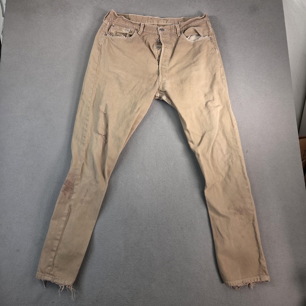 Vintage Levis 501 Jeans Mens Khaki Tan Button Made USA Distressed 90s Fits 34x32
